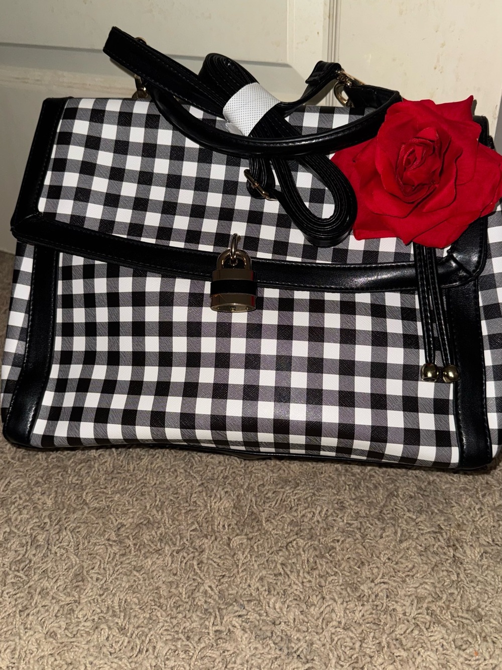 Signature Black & White Gingham Satchel with Red Rose Accent